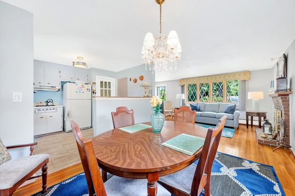 Chandelier, Dining room, Fireplace, Interior, Kitchen, Living room, Wood Texture Flooring