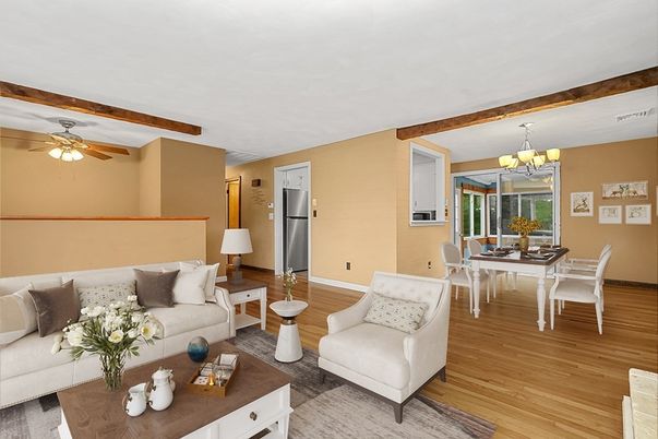 Chandelier, Dining room, Interior, Kitchen, Living room, Stainless Steel Appliances, Wooden Beams, Wood Texture Flooring