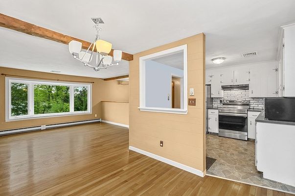 Chandelier, Interior, Kitchen, Pendant Lights, Stainless Steel Appliances, Wooden Beams, Wood Texture Flooring
