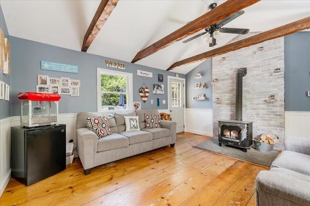 Fireplace, Interior, Living room, Stone Walls, Wooden Beams, Wood Texture Flooring