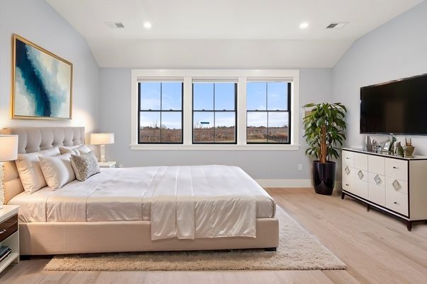 Bedroom, Interior, Recessed Lighting, Wood Texture Flooring