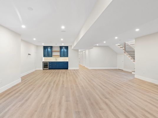 Empty room, Interior, Kitchen, Recessed Lighting, Wood Texture Flooring