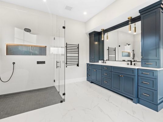 Bathroom, Dual Sink Vanities, Glass Shower, Interior, Marble, Pendant Lights, Recessed Lighting