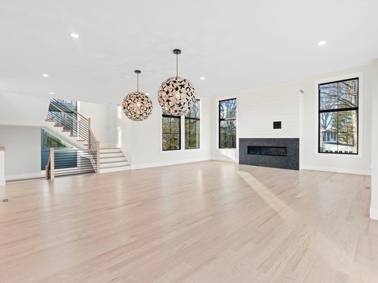 Empty room, Fireplace, Interior, Pendant Lights, Recessed Lighting, Wood Texture Flooring