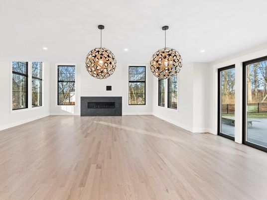 Empty room, Fireplace, Interior, Pendant Lights, Recessed Lighting, Wood Texture Flooring