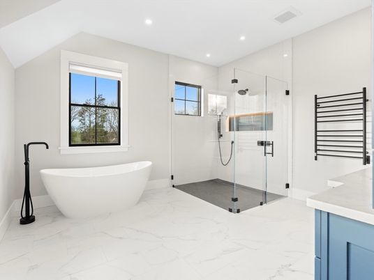 Bathroom, Free Standing Baths, Glass Shower, Interior, Marble, Marble Walls, Recessed Lighting
