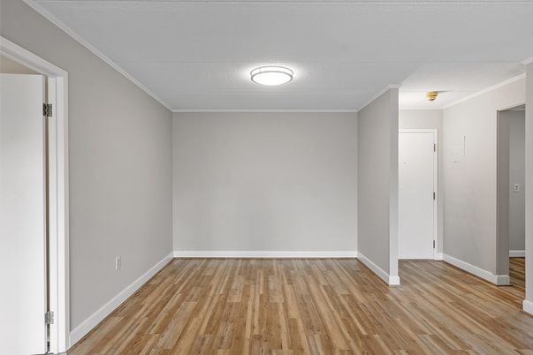Empty room, Interior, Kitchen, Stainless Steel Appliances, Wood Texture Flooring