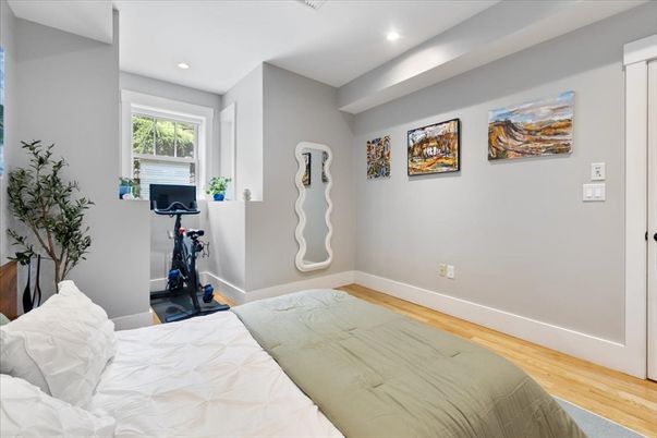Bedroom, Fitness Equipment, Interior, Recessed Lighting, Wood Texture Flooring