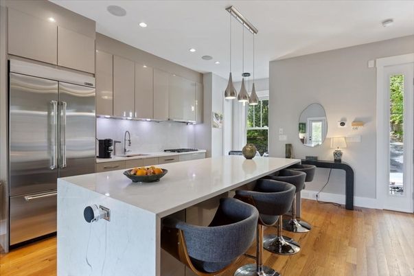 Interior, Kitchen, Pendant Lights, Recessed Lighting, Stainless Steel Appliances, Wood Texture Flooring