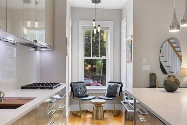 Interior, Kitchen, Pendant Lights, Stainless Steel Appliances, Wood Texture Flooring