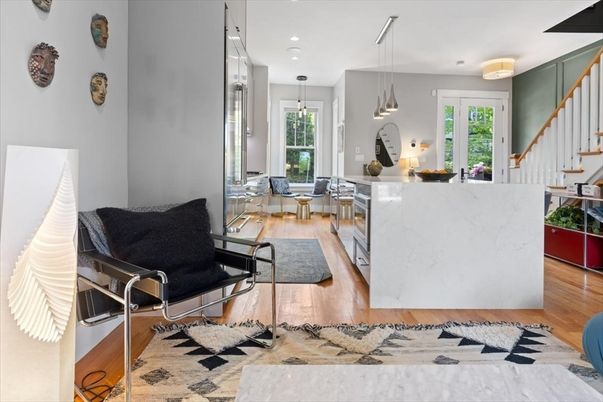 Dining room, Interior, Kitchen, Pendant Lights, Recessed Lighting, Wood Texture Flooring