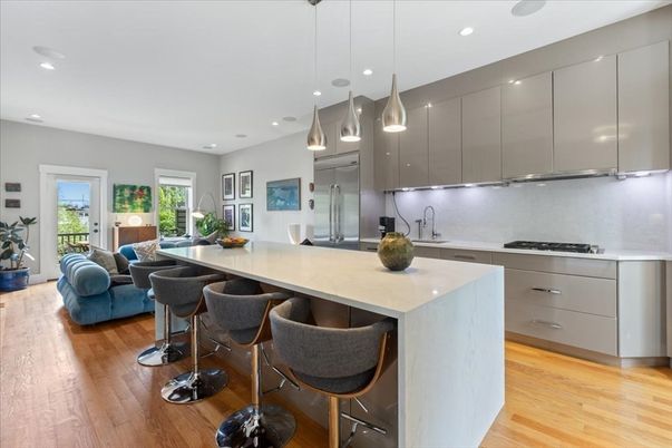 Interior, Kitchen, Living room, Pendant Lights, Recessed Lighting, Stainless Steel Appliances, Wood Texture Flooring