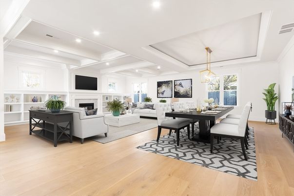 Dining room, Fireplace, Interior, Living room, Pendant Lights, Recessed Lighting, Wood Texture Flooring