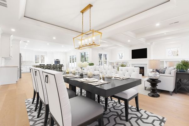 Dining room, Fireplace, Interior, Kitchen, Living room, Pendant Lights, Recessed Lighting, Wood Texture Flooring