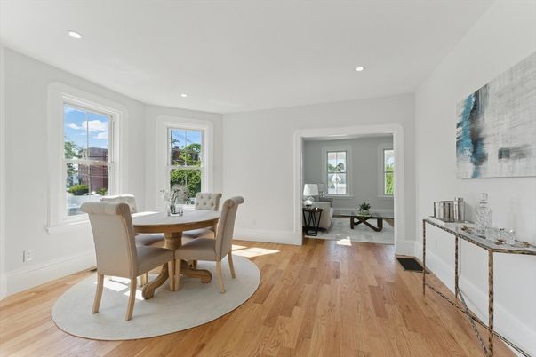 Dining room, Interior, Recessed Lighting, Wood Texture Flooring