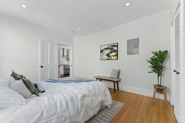 Bedroom, Interior, Recessed Lighting, Wood Texture Flooring