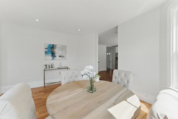 Dining room, Interior, Recessed Lighting, Wood Texture Flooring
