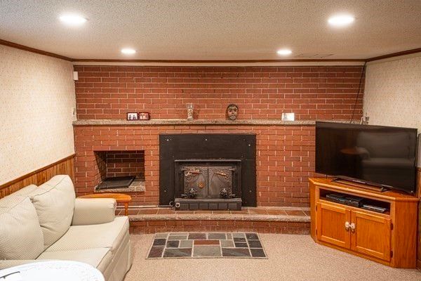 Fireplace, Interior, Living room, Recessed Lighting, Stone Walls