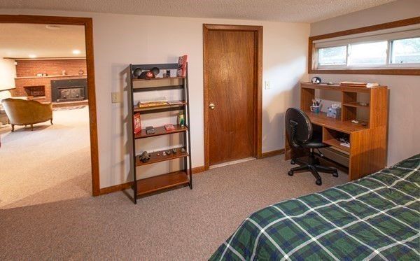 Fireplace, Home Office, Interior, Recessed Lighting, Stone Walls
