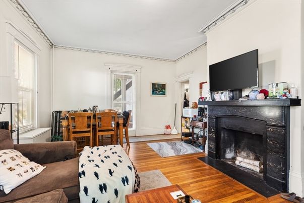 Dining room, Fireplace, Interior, Living room, Wood Texture Flooring