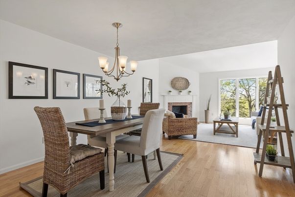Chandelier, Dining room, Fireplace, Interior, Living room, Wood Texture Flooring