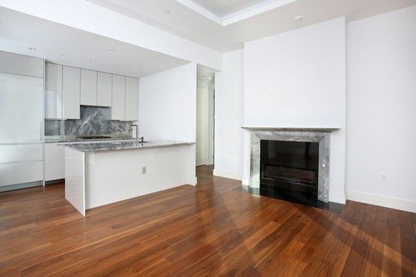 Empty room, Fireplace, Interior, Kitchen, Recessed Lighting, Wood Texture Flooring