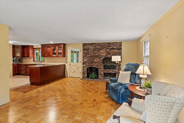 Fireplace, Interior, Kitchen, Living room, Recessed Lighting, Stone Walls, Wood Texture Flooring