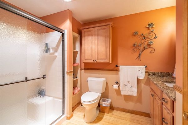 Bathroom, Glass Shower, Interior, Wood Texture Flooring
