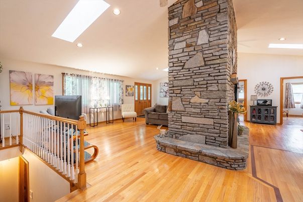 Fireplace, Interior, Recessed Lighting, Stone Walls, Wood Texture Flooring