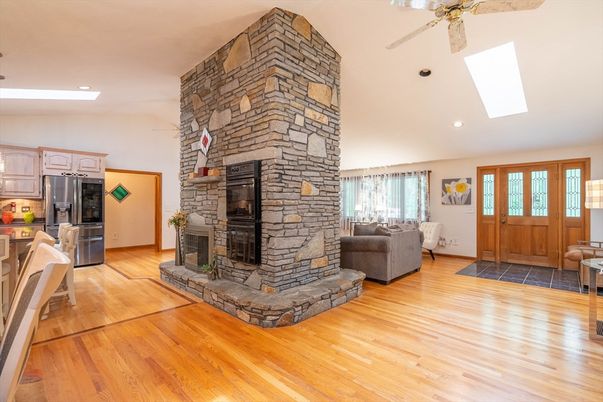 Fireplace, Interior, Kitchen, Living room, Recessed Lighting, Stone Walls, Wood Texture Flooring