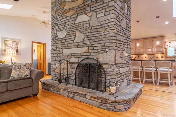 Fireplace, Interior, Kitchen, Pendant Lights, Recessed Lighting, Stone Walls, Wood Texture Flooring