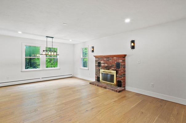 Empty room, Fireplace, Interior, Pendant Lights, Recessed Lighting, Wood Texture Flooring
