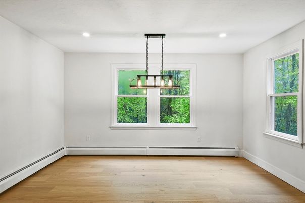Empty room, Interior, Pendant Lights, Recessed Lighting, Wood Texture Flooring