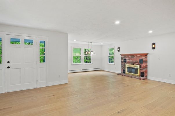 Empty room, Fireplace, Interior, Pendant Lights, Recessed Lighting, Wood Texture Flooring