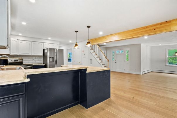 Interior, Kitchen, Pendant Lights, Recessed Lighting, Stainless Steel Appliances, Wooden Beams, Wood Texture Flooring