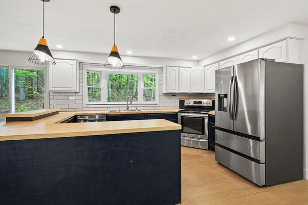 Interior, Kitchen, Pendant Lights, Recessed Lighting, Stainless Steel Appliances, Wood Texture Flooring