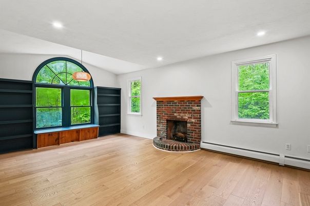 Empty room, Fireplace, Interior, Pendant Lights, Recessed Lighting, Wood Texture Flooring