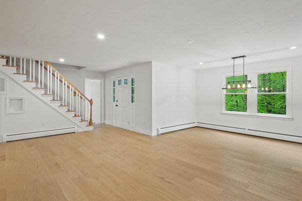 Empty room, Interior, Pendant Lights, Recessed Lighting, Wood Texture Flooring