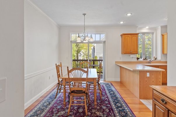 Dining room, Interior, Pendant Lights, Recessed Lighting, Wood Texture Flooring