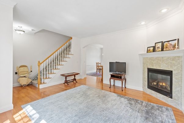 Fireplace, Interior, Recessed Lighting, Wood Texture Flooring