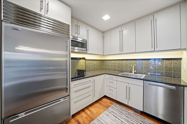 Interior, Kitchen, Recessed Lighting, Stainless Steel Appliances, Wood Texture Flooring