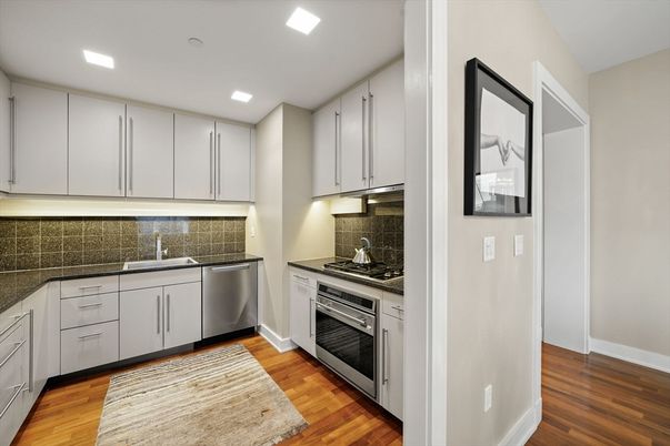 Interior, Kitchen, Recessed Lighting, Stainless Steel Appliances, Wood Texture Flooring