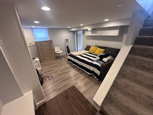 Bedroom, Interior, Recessed Lighting, Wood Texture Flooring
