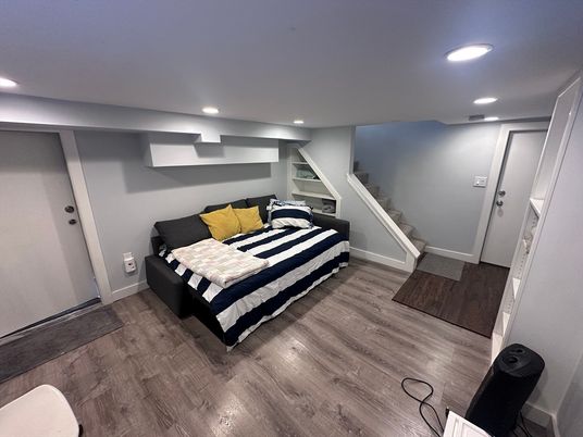Bedroom, Interior, Recessed Lighting, Wood Texture Flooring