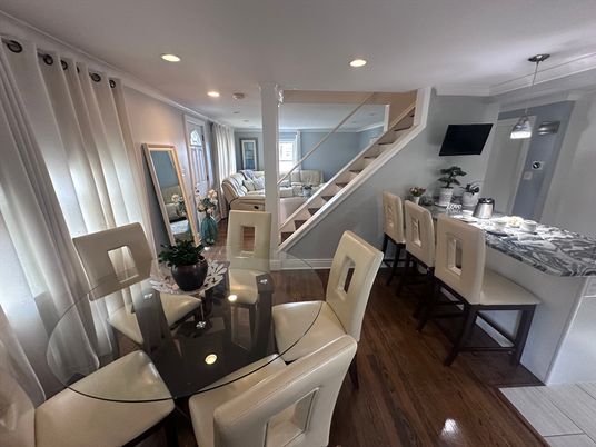 Dining room, Interior, Pendant Lights, Recessed Lighting, Wood Texture Flooring