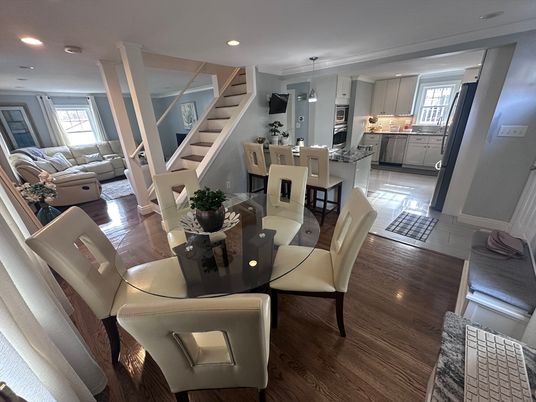 Dining room, Interior, Kitchen, Living room, Pendant Lights, Recessed Lighting, Wood Texture Flooring