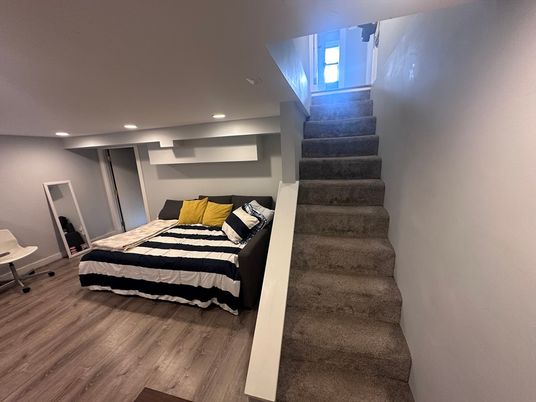 Bedroom, Interior, Recessed Lighting, Wood Texture Flooring
