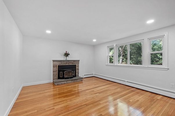 Empty room, Fireplace, Interior, Recessed Lighting, Wood Texture Flooring