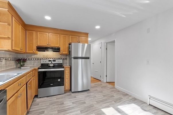 Interior, Kitchen, Recessed Lighting, Stainless Steel Appliances, Wood Texture Flooring