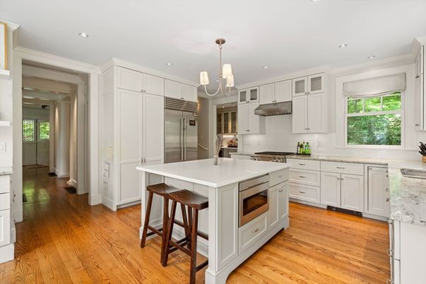Chandelier, Interior, Kitchen, Pendant Lights, Recessed Lighting, Stainless Steel Appliances, Wood Texture Flooring